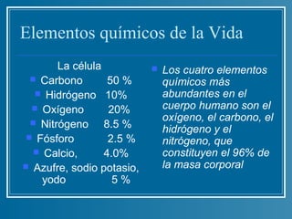 Elementos químicos de la Vida
        La célula             Los cuatro elementos
   Carbono        50 %        químicos más
    Hidrógeno 10%             abundantes en el
   Oxígeno        20%         cuerpo humano son el
   Nitrógeno
                               oxígeno, el carbono, el
                  8.5 %        hidrógeno y el
  Fósforo         2.5 %       nitrógeno, que
    Calcio,      4.0%         constituyen el 96% de
 Azufre, sodio potasio,       la masa corporal
     yodo           5%
 