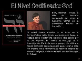 17
Betty Rojtman ocupa la
silla de literatura
comparada en honor a
Katherine Cornell en la
Universidad Hebrea en
Jerusalén.
Si usted desea abundar en el tema de la
hermenéutica judía desde los midrashim hasta la
Cabalá debe realizar una lectura al libro escrito por
la Dra. Rojtman. El mismo es una joya de la
investigación. Particularmente porque ella utiliza la
teoría semiotica contempóranea para llevar a cabo
un análisis de la hermenéutica rabínica clásica asi
como la exégesis mística medieval representada por
la Cabalá.
 