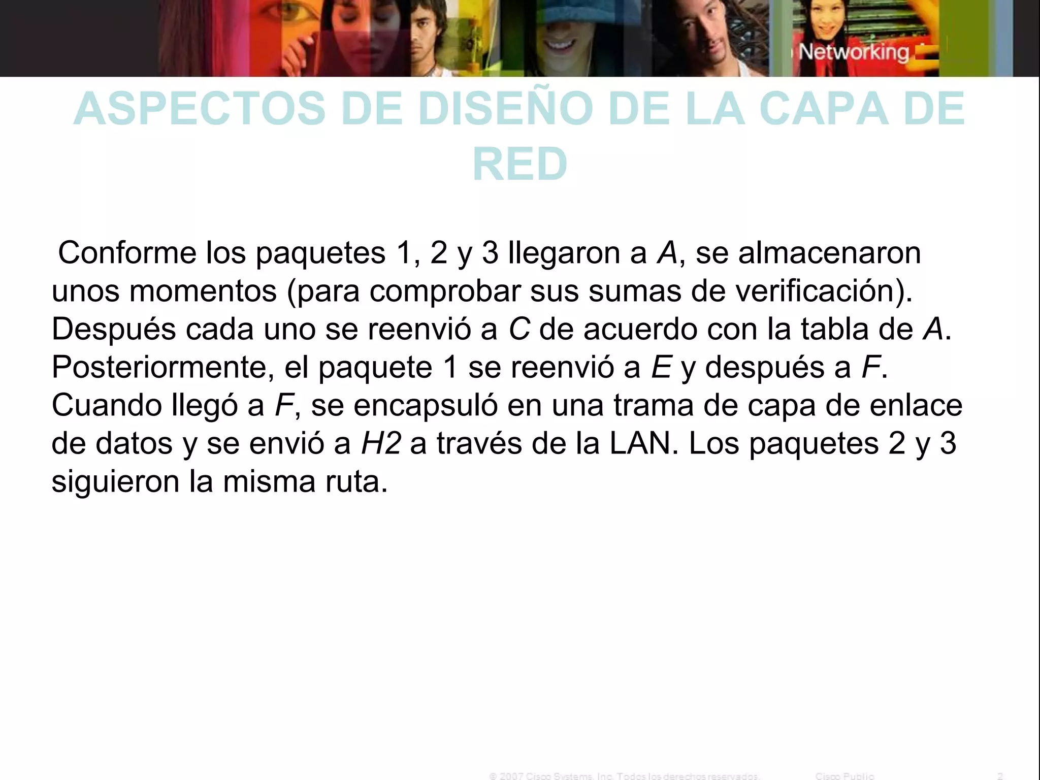 ASPECTOS DE DISEÑO DE LA CAPA DE
RED
 Conforme los paquetes 1, 2 y 3 llegaron a A, se almacenaron 

unos momentos (para comprobar sus sumas de verificación). 
Después cada uno se reenvió a C de acuerdo con la tabla de A. 
Posteriormente, el paquete 1 se reenvió a E y después a F. 
Cuando llegó a F, se encapsuló en una trama de capa de enlace 
de datos y se envió a H2 a través de la LAN. Los paquetes 2 y 3 
siguieron la misma ruta.
 

 