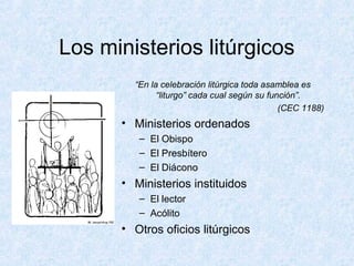 Los ministerios litúrgicos
“En la celebración litúrgica toda asamblea es
“liturgo” cada cual según su función”.
(CEC 1188)
• Ministerios ordenados
– El Obispo
– El Presbítero
– El Diácono
• Ministerios instituidos
– El lector
– Acólito
• Otros oficios litúrgicos
 