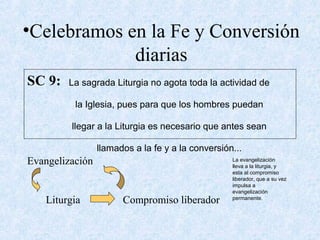 •Celebramos en la Fe y Conversión
diarias
SC 9: La sagrada Liturgia no agota toda la actividad de
la Iglesia, pues para que los hombres puedan
llegar a la Liturgia es necesario que antes sean
llamados a la fe y a la conversión...
Evangelización
Liturgia Compromiso liberador
La evangelización
lleva a la liturgia, y
esta al compromiso
liberador, que a su vez
impulsa a
evangelización
permanente.
 