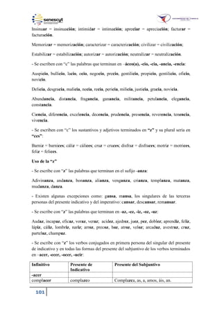 101
Insinuar = insinuación; intimidar = intimación; apreciar = apreciación; facturar =
facturación.
Memorizar = memorización; caracterizar = caracterización; civilizar = civilización;
Estabilizar = estabilización; autorizar = autorización; neutralizar = neutralización.
- Se escriben con “c” las palabras que terminan en –áceo(a), -cio, -cia, -ancia, -encia:
Auspicio, bullicio, lacio, ocio, negocio, precio, gentilicio, propicio, gentilicio, oficio,
novicio.
Delicia, desgracia, malicia, necia, recia, pericia, milicia, justicia, gracia, novicia.
Abundancia, distancia, fragancia, ganancia, militancia, petulancia, elegancia,
constancia.
Ciencia, diferencia, excelencia, decencia, prudencia, presencia, reverencia, tenencia,
vivencia.
- Se escriben con “c” los sustantivos y adjetivos terminados en “z” y su plural sería en
“ces”:
Barniz = barnices; cáliz = cálices; cruz = cruces; disfraz = disfraces; motriz = motrices,
feliz = felices.
Uso de la “z”
- Se escribe con “z” las palabras que terminan en el sufijo -anza:
Adivinanza, andanza, bonanza, alianza, venganza, crianza, templanza, matanza,
mudanza, danza.
- Existen algunas excepciones como: gansa, mansa, los singulares de las terceras
personas del presente indicativo y del imperativo: cansar, descansar, remansar.
- Se escribe con “z” las palabras que terminan en -az, -ez, -iz, -oz, -uz:
Audaz, incapaz, eficaz, voraz, veraz; acidez, ajedrez, juez, pez, doblez; aprendiz, feliz,
lápiz, cáliz, lombriz, nariz; arroz, precoz, hoz, atroz, veloz; arcaduz, avestruz, cruz,
parteluz, champuz.
- Se escribe con “z” los verbos conjugados en primera persona del singular del presente
de indicativo y en todas las formas del presente del subjuntivo de los verbos terminados
en –acer, -ecer, -ocer, -ucir:
Infinitivo Presente de
Indicativo
Presente del Subjuntivo
-acer
complacer complazco Complazca, as, a, amos, áis, an.
 