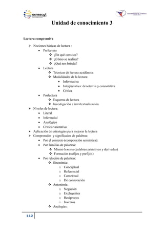112
Unidad de conocimiento 3
Lectura comprensiva
 Nociones básicas de lectura :
 Prelectura
 ¿En qué consiste?
 ¿Cómo se realiza?
 ¿Qué nos brinda?
 Lectura
 Técnicas de lectura académica
 Modalidades de la lectura:
 Informativa
 Interpretativa: denotativa y connotativa
 Crítica
 Poslectura
 Esquema de lectura
 Investigación e intertextualización
 Niveles de lectura:
 Literal
 Inferencial
 Analógico
 Crítico valorativo
 Aplicación de estrategias para mejorar la lectura
 Comprensión y significados de palabras:
 Por el contexto (composición semántica):
 Por familias de palabras:
 Mismo lexema (palabras primitivas y derivadas)
 Formación (sufijos y prefijos)
 Por relación de palabras:
 Sinonimia:
o Conceptual
o Referencial
o Contextual
o De connotación
 Antonimia:
o Negación
o Excluyentes
o Recíprocos
o Inversos
 Analogías:
 