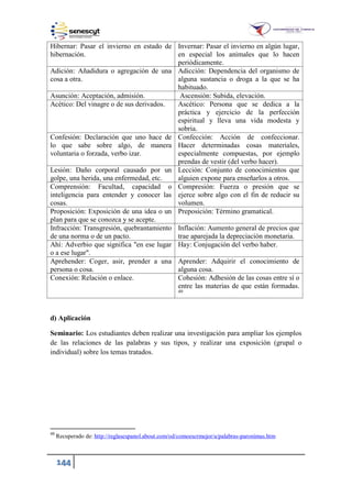 144
Hibernar: Pasar el invierno en estado de
hibernación.
Invernar: Pasar el invierno en algún lugar,
en especial los animales que lo hacen
periódicamente.
Adición: Añadidura o agregación de una
cosa a otra.
Adicción: Dependencia del organismo de
alguna sustancia o droga a la que se ha
habituado.
Asunción: Aceptación, admisión. Ascensión: Subida, elevación.
Acético: Del vinagre o de sus derivados. Ascético: Persona que se dedica a la
práctica y ejercicio de la perfección
espiritual y lleva una vida modesta y
sobria.
Confesión: Declaración que uno hace de
lo que sabe sobre algo, de manera
voluntaria o forzada, verbo izar.
Confección: Acción de confeccionar.
Hacer determinadas cosas materiales,
especialmente compuestas, por ejemplo
prendas de vestir (del verbo hacer).
Lesión: Daño corporal causado por un
golpe, una herida, una enfermedad, etc.
Lección: Conjunto de conocimientos que
alguien expone para enseñarlos a otros.
Comprensión: Facultad, capacidad o
inteligencia para entender y conocer las
cosas.
Compresión: Fuerza o presión que se
ejerce sobre algo con el fin de reducir su
volumen.
Proposición: Exposición de una idea o un
plan para que se conozca y se acepte.
Preposición: Término gramatical.
Infracción: Transgresión, quebrantamiento
de una norma o de un pacto.
Inflación: Aumento general de precios que
trae aparejada la depreciación monetaria.
Ahí: Adverbio que significa "en ese lugar
o a ese lugar".
Hay: Conjugación del verbo haber.
Aprehender: Coger, asir, prender a una
persona o cosa.
Aprender: Adquirir el conocimiento de
alguna cosa.
Conexión: Relación o enlace. Cohesión: Adhesión de las cosas entre sí o
entre las materias de que están formadas.
49
d) Aplicación
Seminario: Los estudiantes deben realizar una investigación para ampliar los ejemplos
de las relaciones de las palabras y sus tipos, y realizar una exposición (grupal o
individual) sobre los temas tratados.
49
Recuperado de: http://reglasespanol.about.com/od/comoescrmejor/a/palabras-paronimas.htm
 