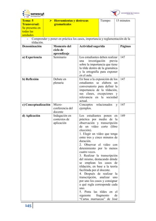 145
Tema: 5
Transversal:
Se presenta en
todas las
unidades
 Herramientas y destrezas
gramaticales
Tiempo: 15 minutos
- Comprender y poner en práctica los casos, importancia y reglamentación de la
tildación.
Denominación Momento del
ciclo de
aprendizaje
Actividad sugerida Páginas
a) Experiencia Seminario Los estudiantes deben realizar
una investigación previa
sobre la importancia que tiene
la tilde dentro de la gramática
y la ortografía para exponer
en el aula.
147
b) Reflexión Debate en
plenaria
En base a la exposición de los
estudiantes se elabora un
conversatorio para definir la
importancia de la tildación,
sus clases, excepciones y
relevancia en la sociedad
actual.
147
c) Conceptualización Micro-
conferencia del
docente
Conceptos relacionados y
ejemplos.
147
d) Aplicación Indagación en
contextos de
aplicación
Los estudiantes ponen en
práctica por medio de la
observación y transcripción
de un video corto (libre
elección).
1. Elegir un video que tenga
entre tres y cinco minutos de
duración.
2. Observar el video con
detenimiento por lo menos
cuatro veces.
3. Realizar la transcripción
del mismo, destacando dónde
se emplean los casos de
tildación, en base a la teoría
facilitada por el docente.
4. Después de realizar la
transcripción, analizar uno
por uno los casos y consignar
a qué regla corresponde cada
uno.
5. Pinta las tildes en el
siguiente fragmento de
“Cartas marruecas” de José
149
 