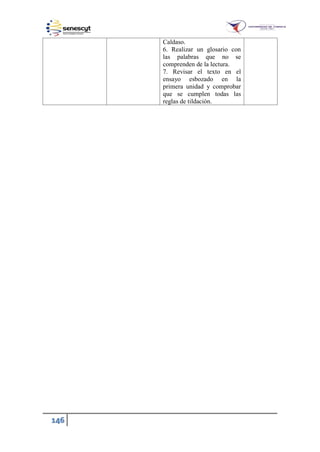 146
Caldaso.
6. Realizar un glosario con
las palabras que no se
comprenden de la lectura.
7. Revisar el texto en el
ensayo esbozado en la
primera unidad y comprobar
que se cumplen todas las
reglas de tildación.
 