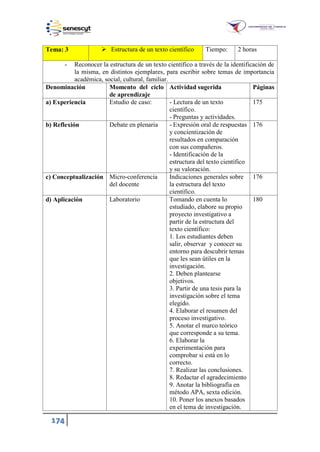 174
Tema: 3  Estructura de un texto científico Tiempo: 2 horas
- Reconocer la estructura de un texto científico a través de la identificación de
la misma, en distintos ejemplares, para escribir sobre temas de importancia
académica, social, cultural, familiar.
Denominación Momento del ciclo
de aprendizaje
Actividad sugerida Páginas
a) Experiencia Estudio de caso: - Lectura de un texto
científico.
- Preguntas y actividades.
175
b) Reflexión Debate en plenaria - Expresión oral de respuestas
y concientización de
resultados en comparación
con sus compañeros.
- Identificación de la
estructura del texto científico
y su valoración.
176
c) Conceptualización Micro-conferencia
del docente
Indicaciones generales sobre
la estructura del texto
científico.
176
d) Aplicación Laboratorio Tomando en cuenta lo
estudiado, elabore su propio
proyecto investigativo a
partir de la estructura del
texto científico:
1. Los estudiantes deben
salir, observar y conocer su
entorno para descubrir temas
que les sean útiles en la
investigación.
2. Deben plantearse
objetivos.
3. Partir de una tesis para la
investigación sobre el tema
elegido.
4. Elaborar el resumen del
proceso investigativo.
5. Anotar el marco teórico
que corresponde a su tema.
6. Elaborar la
experimentación para
comprobar si está en lo
correcto.
7. Realizar las conclusiones.
8. Redactar el agradecimiento
9. Anotar la bibliografía en
método APA, sexta edición.
10. Poner los anexos basados
en el tema de investigación.
180
 