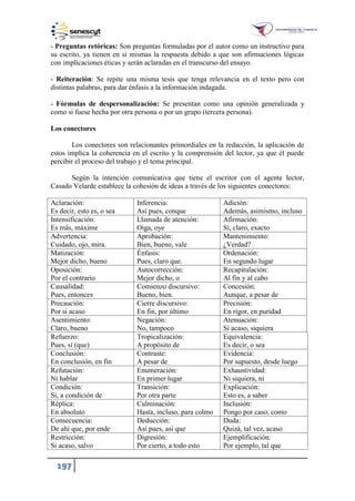 197
- Preguntas retóricas: Son preguntas formuladas por el autor como un instructivo para
su escrito, ya tienen en sí mismas la respuesta debido a que son afirmaciones lógicas
con implicaciones éticas y serán aclaradas en el transcurso del ensayo.
- Reiteración: Se repite una misma tesis que tenga relevancia en el texto pero con
distintas palabras, para dar énfasis a la información indagada.
- Fórmulas de despersonalización: Se presentan como una opinión generalizada y
como si fuese hecha por otra persona o por un grupo (tercera persona).
Los conectores
Los conectores son relacionantes primordiales en la redacción, la aplicación de
estos implica la coherencia en el escrito y la comprensión del lector, ya que él puede
percibir el proceso del trabajo y el tema principal.
Según la intención comunicativa que tiene el escritor con el agente lector,
Casado Velarde establece la cohesión de ideas a través de los siguientes conectores:
Aclaración:
Es decir, esto es, o sea
Inferencia:
Así pues, conque
Adición:
Además, asimismo, incluso
Intensificación:
Es más, máxime
Llamada de atención:
Oiga, oye
Afirmación:
Sí, claro, exacto
Advertencia:
Cuidado, ojo, mira.
Aprobación:
Bien, bueno, vale
Mantenimiento:
¿Verdad?
Matización:
Mejor dicho, bueno
Énfasis:
Pues, claro que.
Ordenación:
En segundo lugar
Oposición:
Por el contrario
Autocorrección:
Mejor dicho, o
Recapitulación:
Al fin y al cabo
Causalidad:
Pues, entonces
Comienzo discursivo:
Bueno, bien.
Concesión:
Aunque, a pesar de
Precaución:
Por si acaso
Cierre discursivo:
En fin, por último
Precisión:
En rigor, en puridad
Asentimiento:
Claro, bueno
Negación:
No, tampoco
Atenuación:
Si acaso, siquiera
Refuerzo:
Pues, sí (que)
Tropicalización:
A propósito de
Equivalencia:
Es decir, o sea
Conclusión:
En conclusión, en fin
Contraste:
A pesar de
Evidencia:
Por supuesto, desde luego
Refutación:
Ni hablar
Enumeración:
En primer lugar
Exhaustividad:
Ni siquiera, ni
Condición:
Si, a condición de
Transición:
Por otra parte
Explicación:
Esto es, a saber
Réplica:
En absoluto
Culminación:
Hasta, incluso, para colmo
Inclusión:
Pongo por caso, como
Consecuencia:
De ahí que, por ende
Deducción:
Así pues, así que
Duda:
Quizá, tal vez, acaso
Restricción:
Si acaso, salvo
Digresión:
Por cierto, a todo esto
Ejemplificación:
Por ejemplo, tal que
 