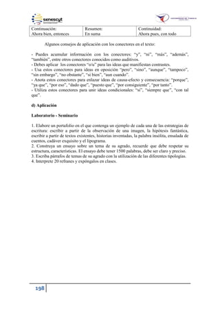 198
Continuación:
Ahora bien, entonces
Resumen:
En suma
Continuidad:
Ahora pues, con todo
Algunos consejos de aplicación con los conectores en el texto:
- Puedes acumular información con los conectores: “y”, “ni”, “más”, “además”,
“también”, entre otros conectores conocidos como auditivos.
- Debes aplicar los conectores “o u” para las ideas que manifiestan contrastes.
- Usa estos conectores para ideas en oposición “pero”, “sino”, “aunque”, “tampoco”,
“sin embargo”, “no obstante”, “si bien”, “aun cuando”.
- Anota estos conectores para enlazar ideas de causa-efecto y consecuencia: “porque”,
“ya que”, “por eso”, “dado que”, “puesto que”, “por consiguiente”, “por tanto”.
- Utiliza estos conectores para unir ideas condicionales: “si”, “siempre que”, “con tal
que”.
d) Aplicación
Laboratorio - Seminario
1. Elabore un portafolio en el que contenga un ejemplo de cada una de las estrategias de
escritura: escribir a partir de la observación de una imagen, la hipótesis fantástica,
escribir a partir de textos existentes, historias inventadas, la palabra insólita, ensalada de
cuentos, cadáver exquisito y el lipograma.
2. Construya un ensayo sobre un tema de su agrado, recuerde que debe respetar su
estructura, características. El ensayo debe tener 1500 palabras, debe ser claro y preciso.
3. Escriba párrafos de temas de su agrado con la utilización de las diferentes tipologías.
4. Interprete 20 refranes y expóngalos en clases.
 