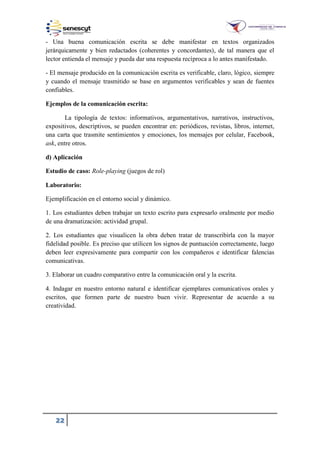 22
- Una buena comunicación escrita se debe manifestar en textos organizados
jerárquicamente y bien redactados (coherentes y concordantes), de tal manera que el
lector entienda el mensaje y pueda dar una respuesta recíproca a lo antes manifestado.
- El mensaje producido en la comunicación escrita es verificable, claro, lógico, siempre
y cuando el mensaje trasmitido se base en argumentos verificables y sean de fuentes
confiables.
Ejemplos de la comunicación escrita:
La tipología de textos: informativos, argumentativos, narrativos, instructivos,
expositivos, descriptivos, se pueden encontrar en: periódicos, revistas, libros, internet,
una carta que trasmite sentimientos y emociones, los mensajes por celular, Facebook,
ask, entre otros.
d) Aplicación
Estudio de caso: Role-playing (juegos de rol)
Laboratorio:
Ejemplificación en el entorno social y dinámico.
1. Los estudiantes deben trabajar un texto escrito para expresarlo oralmente por medio
de una dramatización: actividad grupal.
2. Los estudiantes que visualicen la obra deben tratar de transcribirla con la mayor
fidelidad posible. Es preciso que utilicen los signos de puntuación correctamente, luego
deben leer expresivamente para compartir con los compañeros e identificar falencias
comunicativas.
3. Elaborar un cuadro comparativo entre la comunicación oral y la escrita.
4. Indagar en nuestro entorno natural e identificar ejemplares comunicativos orales y
escritos, que formen parte de nuestro buen vivir. Representar de acuerdo a su
creatividad.
 