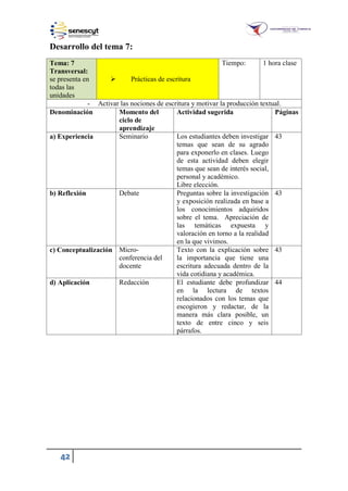 42
Desarrollo del tema 7:
Tema: 7
Transversal:
se presenta en
todas las
unidades
 Prácticas de escritura
Tiempo: 1 hora clase
- Activar las nociones de escritura y motivar la producción textual.
Denominación Momento del
ciclo de
aprendizaje
Actividad sugerida Páginas
a) Experiencia Seminario Los estudiantes deben investigar
temas que sean de su agrado
para exponerlo en clases. Luego
de esta actividad deben elegir
temas que sean de interés social,
personal y académico.
Libre elección.
43
b) Reflexión Debate Preguntas sobre la investigación
y exposición realizada en base a
los conocimientos adquiridos
sobre el tema. Apreciación de
las temáticas expuesta y
valoración en torno a la realidad
en la que vivimos.
43
c) Conceptualización Micro-
conferencia del
docente
Texto con la explicación sobre
la importancia que tiene una
escritura adecuada dentro de la
vida cotidiana y académica.
43
d) Aplicación Redacción El estudiante debe profundizar
en la lectura de textos
relacionados con los temas que
escogieron y redactar, de la
manera más clara posible, un
texto de entre cinco y seis
párrafos.
44
 