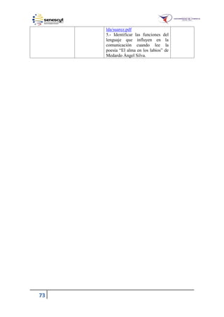73
lda/suarez.pdf
5.- Identificar las funciones del
lenguaje que influyen en la
comunicación cuando lee la
poesía “El alma en los labios” de
Medardo Ángel Silva.
 