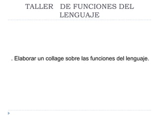 TALLER DE FUNCIONES DEL
LENGUAJE

. Elaborar un collage sobre las funciones del lenguaje.

 