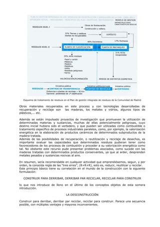 Esquema de tratamiento de residuos en el Plan de gestión integrada de residuos de la Comunidad de Madrid
Otros materiales recuperados en este proceso y con tecnologías desarrolladas de
recuperación y reciclaje son las maderas, los metales y vidrios, algunos tipos de
plásticos,... etc.
Además se están impulsado proyectos de investigación que promueven la utilización de
determinadas materias y sustancias, muchas de ellas potencialmente peligrosas, cuyo
destino inicial hubiera sido el vertedero, y que pueden ser utilizadas como combustible o
tratamiento específico de procesos industriales paralelos, como, por ejemplo, la valorización
energética en la elaboración de productos cerámicos de determinados subproductos de la
madera tratada.
Además de las posibilidades de recuperación, o reutilización y reciclaje de desechos, es
importante evaluar las capacidades que determinados residuos pudieran tener como
favorecedores de los procesos de combustión y proceder a su valorización energética como
tal. No obstante este recurso pude presentar problemas asociados, como sucede con las
maderas tratadas con determinados productos conservantes, ya que al arder, desprenden
metales pesados y sustancias nocivas al aire.
En resumen, sería recomendable en cualquier actividad que emprendiésemos, seguir, y por
orden, la conocida regla de las “tres erres”, (R+R+R), esto es, reducir, reutilizar y reciclar.
Este principio básico tiene su correlación en el mundo de la construcción con la siguiente
formulación:
CONSTRUIR PARA DERRIBAR, DERRIBAR PAR RECICLAR, RECICLAR PARA CONSTRUIR
lo que nos introduce de lleno en el último de los conceptos objetos de esta somera
introducción.
LA DESCONSTRUCCIÓN
Construir para derribar, derribar par reciclar, reciclar para construir. Parece una secuencia
posible, con múltiples ventajes y mayores inconvenientes.
 