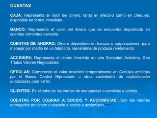 CUENTAS

CAJA: Representa el valor del dinero, tanto en efectivo como en cheques,
disponible en forma inmediata.

BANCO: Representa el valor del dinero que se encuentra depositado en
cuentas corrientes bancaria

CUENTAS DE AHORRO: Dinero depositado en bancos o corporaciones, para
manejar por medio de un talonario. Generalmente produce rendimiento.

ACCIONES: Representa el dinero invertido en una Sociedad Anónima. Son
Títulos Valores Negociables

CEDULAS: Comprende el valor invertido temporalmente en Cedulas emitidas
por el Banco Central Hipotecario u otras sociedades de capitalización
autorizadas para tal fin.

CLIENTES: Es el valor de las ventas de mercancías o servicios a crédito.

CUENTAS POR COBRAR A SOCIOS Y ACCIONISTAS: Son los valores
entregados en dinero o especie a socios o accionistas.
 