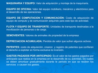 MAQUINARIA Y EQUIPO: Valor de adquisición y montaje de la maquinaria.

EQUIPO DE OFICINA: Valor del equipo mobiliario, mecánico y electrónico para
el desarrollo de las operaciones.

EQUIPO DE COMPUTACION Y COMUNICACIÓN: Costo de adquisición de
equipo de computo y de comunicación adquirido para este tipo de actividad.

FLOTA Y EQUIPO DE TRANSPORTE: Unidades de transporte destinadas a la
movilización de personas o de carga.

SEMOVIENTES: Valores de animales de propiedad de la empresa

DEPRECIACION ACUMULADA: Perdida de valor que sufren algunos activos.

PATENTES: costo de adquisición, crearon y registro de patentes que confieren
el derecho a explotar en forma exclusiva la inversión.

GASTOS PAGADOS POR ANTICIPADO: Es el valor de los gastos pagados por
anticipado que realiza en la empresa en le desarrollo de su actividad, los cuales
se deben amortizar gradualmente durante le periodo en que se reciben los
servicios o causen los gastos.
 