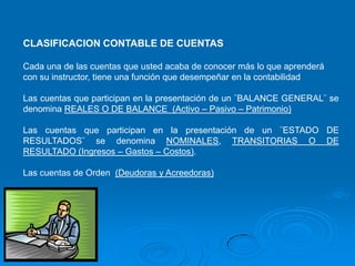 CLASIFICACION CONTABLE DE CUENTAS

Cada una de las cuentas que usted acaba de conocer más lo que aprenderá
con su instructor, tiene una función que desempeñar en la contabilidad

Las cuentas que participan en la presentación de un ¨BALANCE GENERAL¨ se
denomina REALES O DE BALANCE (Activo – Pasivo – Patrimonio)

Las cuentas que participan en la presentación de un ¨ESTADO DE
RESULTADOS¨ se denomina NOMINALES, TRANSITORIAS O DE
RESULTADO (Ingresos – Gastos – Costos).

Las cuentas de Orden (Deudoras y Acreedoras)
 