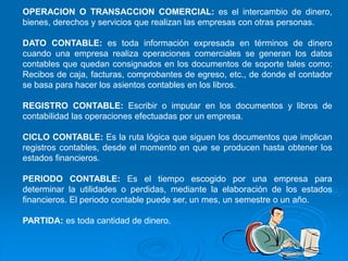 OPERACION O TRANSACCION COMERCIAL: es el intercambio de dinero,
bienes, derechos y servicios que realizan las empresas con otras personas.

DATO CONTABLE: es toda información expresada en términos de dinero
cuando una empresa realiza operaciones comerciales se generan los datos
contables que quedan consignados en los documentos de soporte tales como:
Recibos de caja, facturas, comprobantes de egreso, etc., de donde el contador
se basa para hacer los asientos contables en los libros.

REGISTRO CONTABLE: Escribir o imputar en los documentos y libros de
contabilidad las operaciones efectuadas por un empresa.

CICLO CONTABLE: Es la ruta lógica que siguen los documentos que implican
registros contables, desde el momento en que se producen hasta obtener los
estados financieros.

PERIODO CONTABLE: Es el tiempo escogido por una empresa para
determinar la utilidades o perdidas, mediante la elaboración de los estados
financieros. El periodo contable puede ser, un mes, un semestre o un año.

PARTIDA: es toda cantidad de dinero.
 