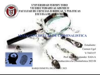 UNIVERSIDAD FERMIN TORO
VICERECTORADO ACADEMICO
FACULTAD DE CIENCIAS JURIDICAS Y POLITICAS
ESCUELA DE DERECHO
MAPA CONCEPTUAL DE CRIMINALISTICA
Estudiante:
Carmen Ugel
V-7443157
Prof. Eleana Santander. SAIAA
Introducción a la Criminalística 2023/B
BARQUISIMETO, DICIEMBRE 2023
 