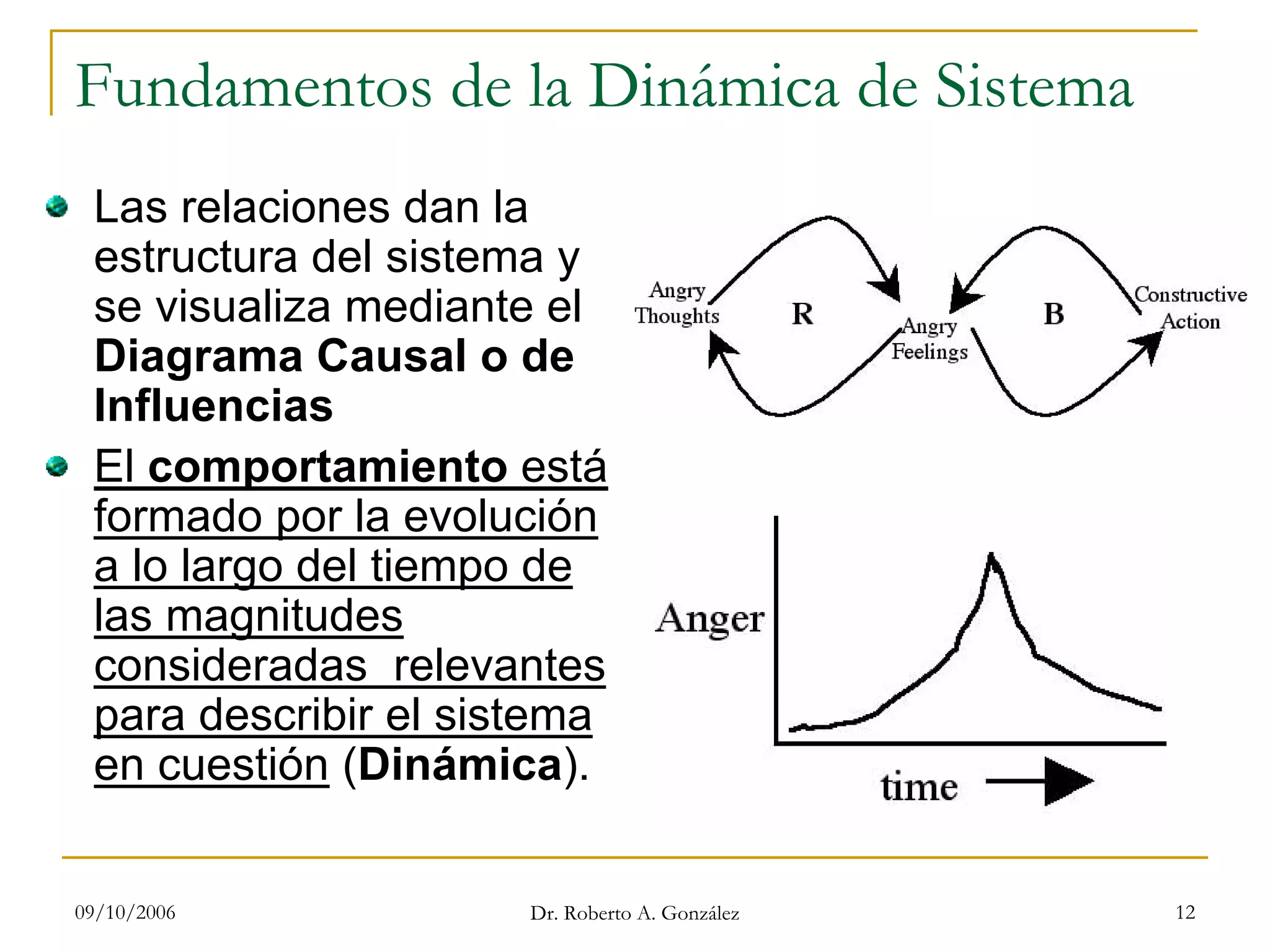 09/10/2006 Dr. Roberto A. González 12
Fundamentos de la Dinámica de Sistema
Las relaciones dan la
estructura del sistema y
se visualiza mediante el
Diagrama Causal o de
Influencias
El comportamiento está
formado por la evolución
a lo largo del tiempo de
las magnitudes
consideradas relevantes
para describir el sistema
en cuestión (Dinámica).
 