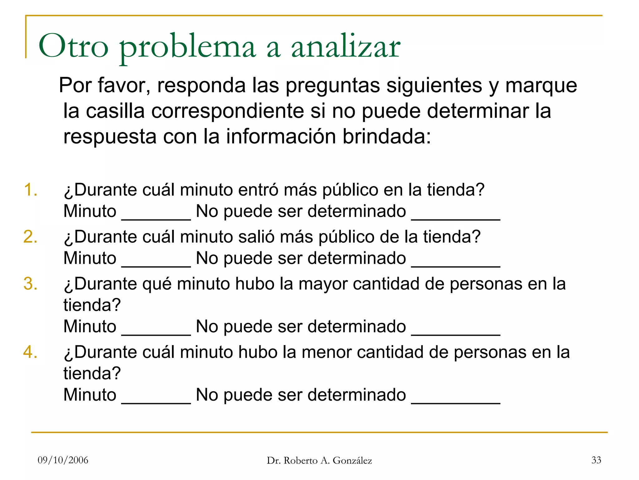 09/10/2006 Dr. Roberto A. González 33
Otro problema a analizar
Por favor, responda las preguntas siguientes y marque
la casilla correspondiente si no puede determinar la
respuesta con la información brindada:
1. ¿Durante cuál minuto entró más público en la tienda?
Minuto _______ No puede ser determinado _________
2. ¿Durante cuál minuto salió más público de la tienda?
Minuto _______ No puede ser determinado _________
3. ¿Durante qué minuto hubo la mayor cantidad de personas en la
tienda?
Minuto _______ No puede ser determinado _________
4. ¿Durante cuál minuto hubo la menor cantidad de personas en la
tienda?
Minuto _______ No puede ser determinado _________
 
