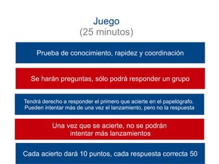 Juego 
(25 minutos) 
Prueba de conocimiento, rapidez y coordinación 
Se harán preguntas, sólo podrá responder un grupo 
Tendrá derecho a responder el primero que acierte en el papelógrafo. 
Pueden intentar más de una vez el lanzamiento, pero no la respuesta 
Una vez que se acierte, no se podrán 
intentar más lanzamientos 
Cada acierto dará 10 puntos, cada respuesta correcta 50 
 