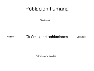 Población humana 
Distribución 
Dinámica de poblaciones 
Número Densidad 
Estructura de edades 
 