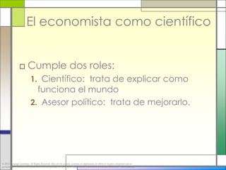 El economista como científico


                 □ Cumple dos roles:
                            1. Científico: trata de explicar como
                              funciona el mundo
                            2. Asesor político: trata de mejorarlo.




© 2012 Cengage Learning. All Rights Reserved. May not be copied, scanned, or duplicated, in whole or in part, except for use as
permitted in a license distributed with a certain product or service or otherwise on a password-protected website for classroom use.
 