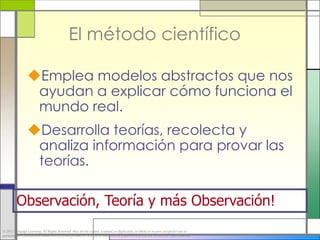 El método científico

                 Emplea modelos abstractos que nos
                  ayudan a explicar cómo funciona el
                  mundo real.
                 Desarrolla teorías, recolecta y
                  analiza información para provar las
                  teorías.

         Observación, Teoría y más Observación!
© 2012 Cengage Learning. All Rights Reserved. May not be copied, scanned, or duplicated, in whole or in part, except for use as
permitted in a license distributed with a certain product or service or otherwise on a password-protected website for classroom use.
 