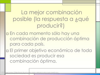 La mejor combinación
                          posible (la respuesta a ¿qué
                                    producir?)
           □ En cada momento sólo hay una
             combinación de producción óptima
             para cada país.
           □ El primer objetivo económico de toda
             sociedad es producir esa
             combinación óptima.

© 2012 Cengage Learning. All Rights Reserved. May not be copied, scanned, or duplicated, in whole or in part, except for use as
permitted in a license distributed with a certain product or service or otherwise on a password-protected website for classroom use.
 