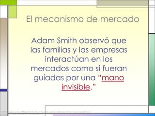 El mecanismo de mercado

                                          Adam Smith observó que
                                          las familias y las empresas
                                               interactúan en los
                                          mercados como si fueran
                                           guíadas por una “mano
                                                    invisible.”

© 2012 Cengage Learning. All Rights Reserved. May not be copied, scanned, or duplicated, in whole or in part, except for use as
permitted in a license distributed with a certain product or service or otherwise on a password-protected website for classroom use.
 