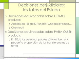 Decisiones perjudiciales:
                                                   los fallos del Estado
           □ Decisiones equivocadas sobre CÓMO
             producir:
                      □ Acerías de Polonia, Hungría, Checoslovaquia…
                      □ Chernobil
           □ Decisiones equivocadas sobre PARA QUIÉN
             producir:
                      □ En EEUU las personas pobres sólo reciben una
                        pequeña proporción de las transferencias de
                        renta



© 2012 Cengage Learning. All Rights Reserved. May not be copied, scanned, or duplicated, in whole or in part, except for use as
permitted in a license distributed with a certain product or service or otherwise on a password-protected website for classroom use.
 