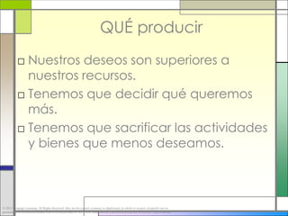 QUÉ producir
           □ Nuestros deseos son superiores a
             nuestros recursos.
           □ Tenemos que decidir qué queremos
             más.
           □ Tenemos que sacrificar las actividades
             y bienes que menos deseamos.



© 2012 Cengage Learning. All Rights Reserved. May not be copied, scanned, or duplicated, in whole or in part, except for use as
permitted in a license distributed with a certain product or service or otherwise on a password-protected website for classroom use.
 