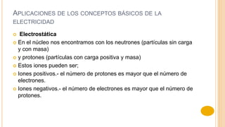 APLICACIONES DE LOS CONCEPTOS BÁSICOS DE LA
ELECTRICIDAD
 Electrostática
 En el núcleo nos encontramos con los neutrones (partículas sin carga
y con masa)
 y protones (partículas con carga positiva y masa)
 Estos iones pueden ser;
 Iones positivos.- el número de protones es mayor que el número de
electrones.
 Iones negativos.- el número de electrones es mayor que el número de
protones.
 