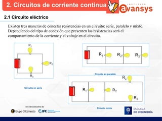 2. Circuitos de corriente continua
2.1 Circuito eléctrico
Existen tres maneras de conectar resistencias en un circuito: serie, paralelo y mixto.
Dependiendo del tipo de conexión que presenten las resistencias será el
comportamiento de la corriente y el voltaje en el circuito.
Circuito en serie
Circuito en paralelo
Circuito mixto
 