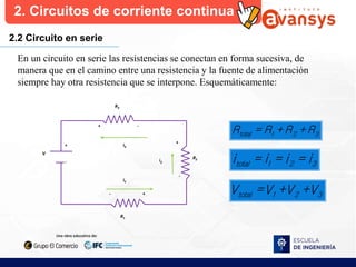 2. Circuitos de corriente continua
2.2 Circuito en serie
En un circuito en serie las resistencias se conectan en forma sucesiva, de
manera que en el camino entre una resistencia y la fuente de alimentación
siempre hay otra resistencia que se interpone. Esquemáticamente:
total 1 2 3
R = R +R +R
total 1 2 3
i = i = i = i
total 1 2 3
V =V +V +V
V
+
-
R1
i3
-
+
+
-
-
+
R2
R3
i1
i2
 