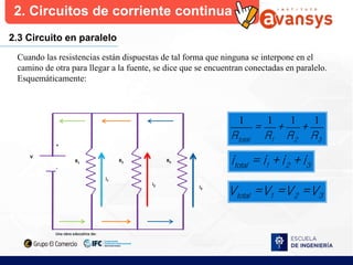 2. Circuitos de corriente continua
2.3 Circuito en paralelo
Cuando las resistencias están dispuestas de tal forma que ninguna se interpone en el
camino de otra para llegar a la fuente, se dice que se encuentran conectadas en paralelo.
Esquemáticamente:
1 1 1 1
total 1 2 3
= + +
R R R R
total 1 2 3
i = i + i + i
total 1 2 3
V =V =V =V
V
+
-
R3
R2
R1
i3
i1
i2
 