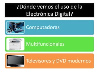 ¿Dónde vemos el uso de la
Electrónica Digital?
Computadoras

Multifuncionales
Televisores y DVD modernos

 