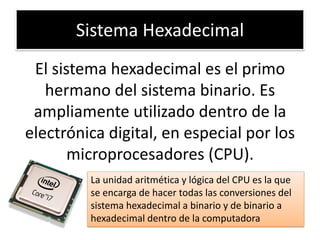 Sistema Hexadecimal
El sistema hexadecimal es el primo
hermano del sistema binario. Es
ampliamente utilizado dentro de la
electrónica digital, en especial por los
microprocesadores (CPU).
La unidad aritmética y lógica del CPU es la que
se encarga de hacer todas las conversiones del
sistema hexadecimal a binario y de binario a
hexadecimal dentro de la computadora

 