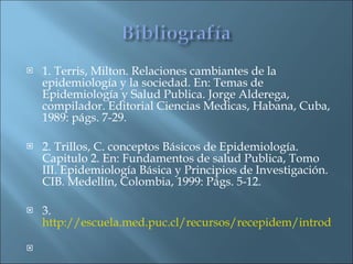 1. Terris, Milton. Relaciones cambiantes de la epidemiología y la sociedad. En: Temas de Epidemiología y Salud Publica. Jorge Alderega, compilador. Editorial Ciencias Medicas, Habana, Cuba, 1989: págs. 7-29.  2. Trillos, C. conceptos Básicos de Epidemiología. Capitulo 2. En: Fundamentos de salud Publica, Tomo III. Epidemiología Básica y Principios de Investigación. CIB. Medellín, Colombia, 1999: Págs. 5-12.  3.   http://escuela.med.puc.cl/recursos/recepidem/introductorios4.htm     