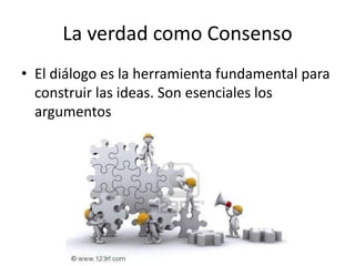 La verdad como Consenso
• El diálogo es la herramienta fundamental para
  construir las ideas. Son esenciales los
  argumentos
 