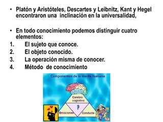 • Platón y Aristóteles, Descartes y Leibnitz, Kant y Hegel
  encontraron una inclinación en la universalidad,

• En todo conocimiento podemos distinguir cuatro
   elementos:
1.    El sujeto que conoce.
2.    El objeto conocido.
3.    La operación misma de conocer.
4.    Método de conocimiento
 