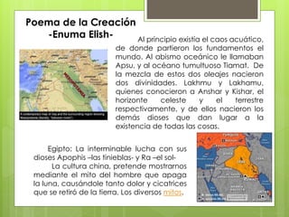 Poema de la Creación
-Enuma Elish- Al principio existía el caos acuático,
de donde partieron los fundamentos el
mundo. Al abismo oceánico le llamaban
Apsu, y al océano tumultuoso Tiamat. De
la mezcla de estos dos oleajes nacieron
dos divinidades. Lakhmu y Lakhamu,
quienes conocieron a Anshar y Kishar, el
horizonte celeste y el terrestre
respectivamente, y de ellos nacieron los
demás dioses que dan lugar a la
existencia de todas las cosas.
Egipto: La interminable lucha con sus
dioses Apophis –las tinieblas- y Ra –el sol-
La cultura china, pretende mostrarnos
mediante el mito del hombre que apaga
la luna, causándole tanto dolor y cicatrices
que se retiró de la tierra. Los diversos mitos.
 
