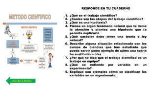 VOLVER A MENÚ
RESPONDE EN TU CUADERNO
1. ¿Qué es el trabajo científico?
2. ¿Cuales son las etapas del trabajo científico?
3. ¿Qué es una hipótesis?
4. Piensa en algún fenómeno natural que te llame
la atención y plantea una hipótesis que te
permita explicarlo
5. ¿Qué carácter debe tener una teoría o ley
natural?
6. Describe alguna situación relacionada con los
cursos de ciencias que has estudiado que
pueda servir como ejemplo de cómo una teoría
ha sustituido a otra
7. ¿Por qué se dice que el trabajo científico es un
trabajo en equipo?
8. ¿Qué se entiende por variable en un
experimento?
9. Explique con ejemplos cómo se clasifican las
variables en un experimento.
 
