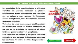 siguiente
EL TRABAJO CIENTÍFICO CONDUCE A RESULTADOS
Los resultados de la experimentación y el trabajo
científico en general, conducen a plantear
generalidades. Estas generalidades son conceptos
que se aplican a gran variedad de fenómenos,
aunque a simple vista, estos fenómenos no parezcan
tener nada en común.
Valiéndose de estos conceptos, es posible predecir
que siempre que se den las mismas condiciones en
las que se ha trabajado, se producirá el mismo
fenómeno que se ha observado y explicado.
Esta capacidad de predecir y de aplicar conceptos
generales a gran variedad de fenómenos hacen que
los resultados del trabajo científico tengan carácter
casi universal
VOLVER A MENÚ
 
