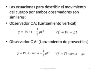 Juan E. Sepúlveda Medina18Las ecuaciones para describir el movimiento del cuerpo por ambos observadores son similares:Observador OA: (Lanzamiento vertical)Observador O’A: (Lanzamiento de proyectiles)