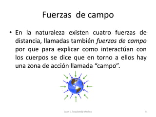 Fuerzas  de campoEn la naturaleza existen cuatro fuerzas de distancia, llamadas también fuerzas de campo por que para explicar como interactúan con los cuerpos se dice que en torno a ellos hay una zona de acción llamada “campo”. Juan E. Sepúlveda Medina6