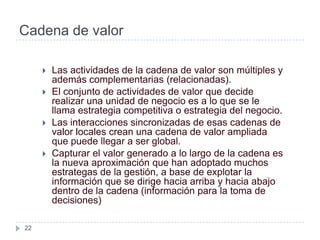 Cadena de valor

        Las actividades de la cadena de valor son múltiples y
         además complementarias (relacionadas).
        El conjunto de actividades de valor que decide
         realizar una unidad de negocio es a lo que se le
         llama estrategia competitiva o estrategia del negocio.
        Las interacciones sincronizadas de esas cadenas de
         valor locales crean una cadena de valor ampliada
         que puede llegar a ser global.
        Capturar el valor generado a lo largo de la cadena es
         la nueva aproximación que han adoptado muchos
         estrategas de la gestión, a base de explotar la
         información que se dirige hacia arriba y hacia abajo
         dentro de la cadena (información para la toma de
         decisiones)

22
 