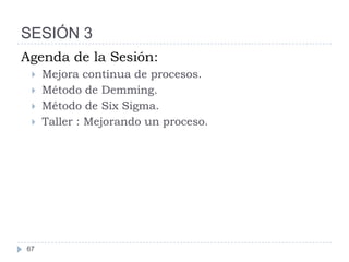 SESIÓN 3
Agenda de la Sesión:
    Mejora continua de procesos.
    Método de Demming.
    Método de Six Sigma.
    Taller : Mejorando un proceso.




67
 