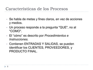 Características de los Procesos

•   Se habla de metas y fines claros, en vez de acciones
    y medios.
•   Un proceso responde a la pregunta "QUE", no al
    "COMO".
•   El “cómo” es descrito por Procedimientos e
    Instrucciones.
•   Contienen ENTRADAS Y SALIDAS, se pueden
    identificar los CLIENTES, PROVEEDORES, y
    PRODUCTO FINAL.



8
 